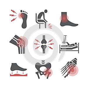 Leg pain. Foot problems. Vector signs for web graphics.