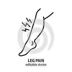Leg pain line icon. Shin hurts. Symptom of varicose veins vector outline symbol. Editable stroke