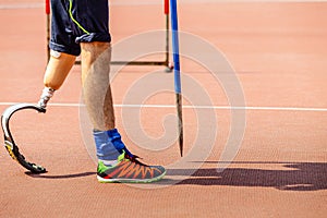 leg on prosthesis male athlete with spear at athletics championships