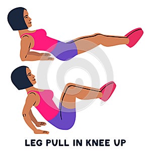 Leg pull in knee up. Sport exersice. Silhouettes of woman doing exercise. Workout, training