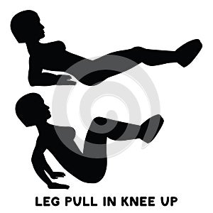 Leg pull in knee up. Sport exersice. Silhouettes of woman doing exercise. Workout, training