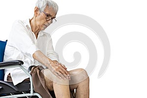 Leg of senior woman having pain in her knee joints,bone pain,hurt when bending the knee,holding knee cap with hands,facial