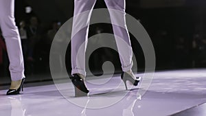 Leg step girl model week fashion slow motion walking heeled catwalk close up 4K.