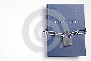 Legal act. Book with lock. A closed book is banned. Chain on the book.