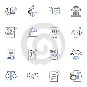 Legal administration line icons collection. Courtroom, Advocacy, Litigator, Mediation, Jurisdiction, Legalities