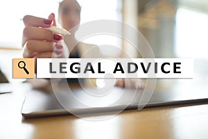 Legal advice ext on virtual screen. Consulting. Attorney at law. lawyer, Business and Finance concept.