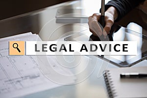 Legal advice ext on virtual screen. Consulting. Attorney at law. lawyer, Business and Finance concept.