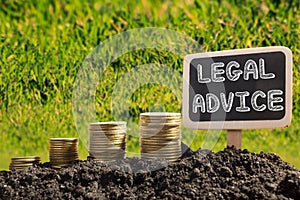 Legal Advice - Financial opportunity concept. Golden coins in soil Chalkboard on blurred urban background