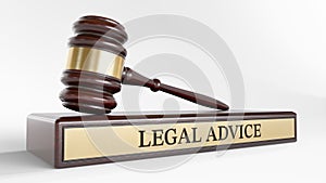 Legal advice:: Judge's Gavel and wooden stand with text word