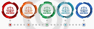 Legal advice, lawyer concept vector icon set, modern design abstract web buttons in 5 color options, infographic template