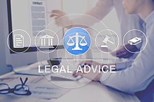 Legal advice and lawyer consulting service, concept with icons of justice, court, law, contract and in background two consultant
