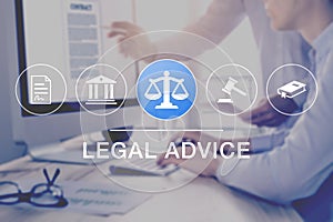 Legal advice and lawyer consulting service, concept with icons of justice, court, law, contract and in background two consultant photo