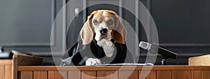 Legal Beagle, dog formally dressed as presiding judge in court.