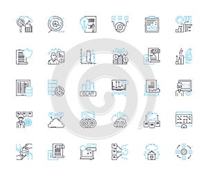 Legal compliance linear icons set. Regulations, Statutes, Guidelines, Laws, Policies, Protocols, Obligations line vector photo