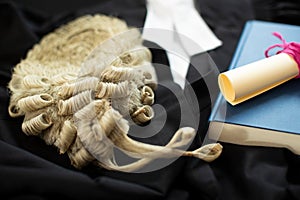 Legal Concept Still Life Of Barristers Wig With Gown And Brief
