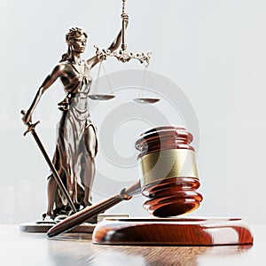 Legal Concept: Themis is the goddess of justice and the judge& x27;s gavel hammer as a symbol of law and order