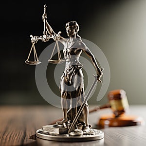 Legal Concept: Themis is the goddess of justice and the judge's gavel hammer as a symbol of law and order