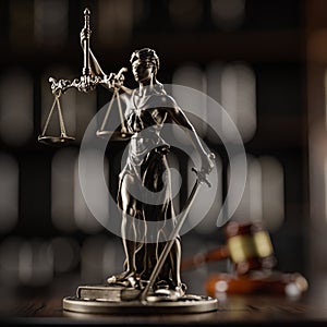 Legal Concept: Themis is the goddess of justice and the judge's gavel hammer as a symbol of law and order on the