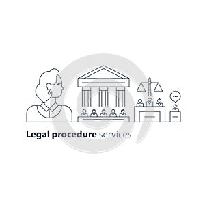Legal court house trial services icons, lawyer man, advocacy attorney expert