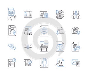 Legal department outline icons collection. Lawyer, Attorney, Litigation, Court, Compliance, Regulation, Contract vector