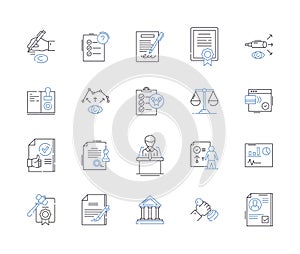 Legal department outline icons collection. Lawyer, Attorney, Litigation, Court, Compliance, Regulation, Contract vector