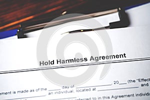 Legal document Hold Harmless Agreement on paper close up