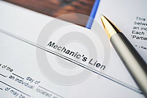 Legal document Mechanic Lien on paper close up photo