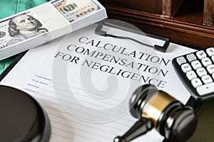 Legal document titled 'Calculation Compensation for Negligence' with a gavel and calculator, symbolizing