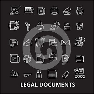 Legal documents editable line icons vector set on black background. Legal documents white outline illustrations, signs