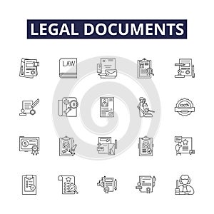 Legal documents line vector icons and signs. Wills, Deeds, Contracts, Affidavits, Agreements, Leases, Powers, Indentures