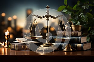 Legal essentials Law books, gavel, and scales, an emblematic tableau