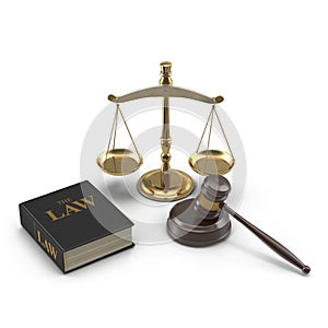Legal Gavel Scales And Law Book on white. 3D illustration