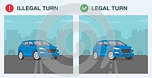 Legal and illegal lane changing. Front view of suv passing street lines.