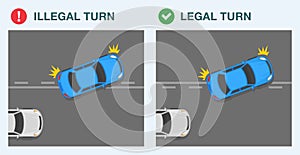 Legal and illegal lane changing. Top view of a car passing street lines.