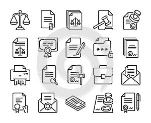 Legal instrument icons. Legal documents forms and contracts line icon set. Editable Stroke.