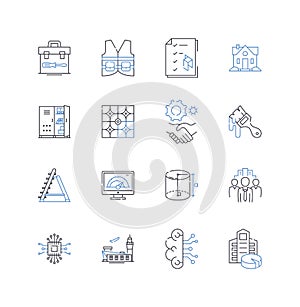 Legal justice line icons collection. Equity, Fairness, Jurisdiction, Litigation, Conviction, Sentencing, Adjudication