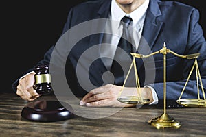 Legal law, Judge gavel with Justice lawyers advice with gavel and Scales of justice, Counselor or Male lawyer working on courtroom