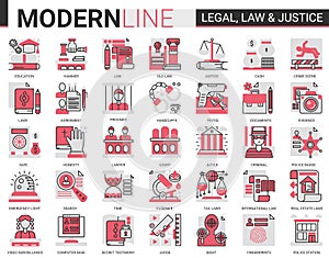 Legal law and justice complex concept flat line icon vector illustration set of mobile app website symbols with judicial