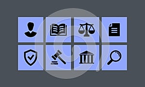 Legal, law, justice, court Icon set. Services lawyer, attorney, notary. Scales justice, gavel book Symbol. Vector