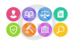 Legal, law, justice, court Icon set. Services lawyer, attorney, notary. Scales justice, gavel book Symbol. Vector