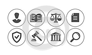Legal, law, justice, court Icon set. Services lawyer, attorney, notary. Scales justice, gavel book Symbol. Vector