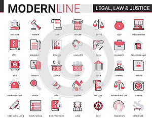 Legal law and justice flat line icon vector illustration set of mobile app website symbols with judicial legislation