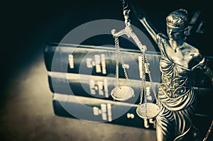 Legal lawl concept image, Scales of justice books on desk photo