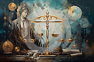 Legal Legacy: Sophisticated Oil Fusion of Justice Symbols & Vintage Aesthetics