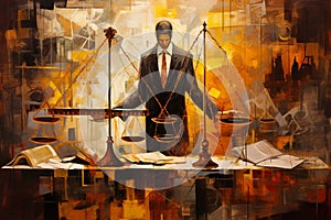 Legal Legacy: Sophisticated Oil Fusion of Justice Symbols & Vintage Aesthetics photo