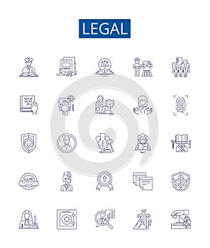 Legal line icons signs set. Design collection of Lawful, Just, Legitimate, Valid, Binding, Allowable, Permissible photo