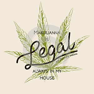 Legal marijuana, weed cannabis green leaf retro logo, T- shirt design. Indica label. Medicine plant legalization product square po