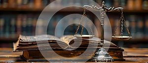 Legal office with scales of justice gavel and law books on a desk in a courtroom. Concept Law,