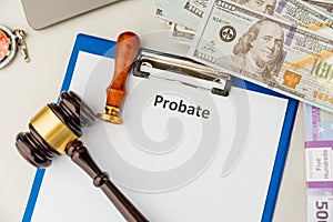 Legal probate statement. Money and lawyer attributes at the desk.