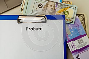 Legal probate statement. Money and lawyer attributes at the desk.